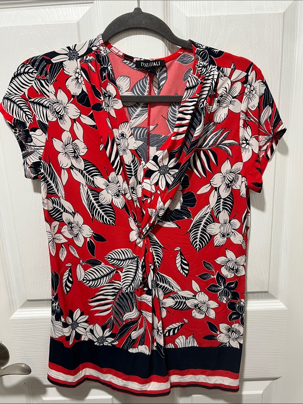 Roz & Ali Red Floral Twist-Front Top